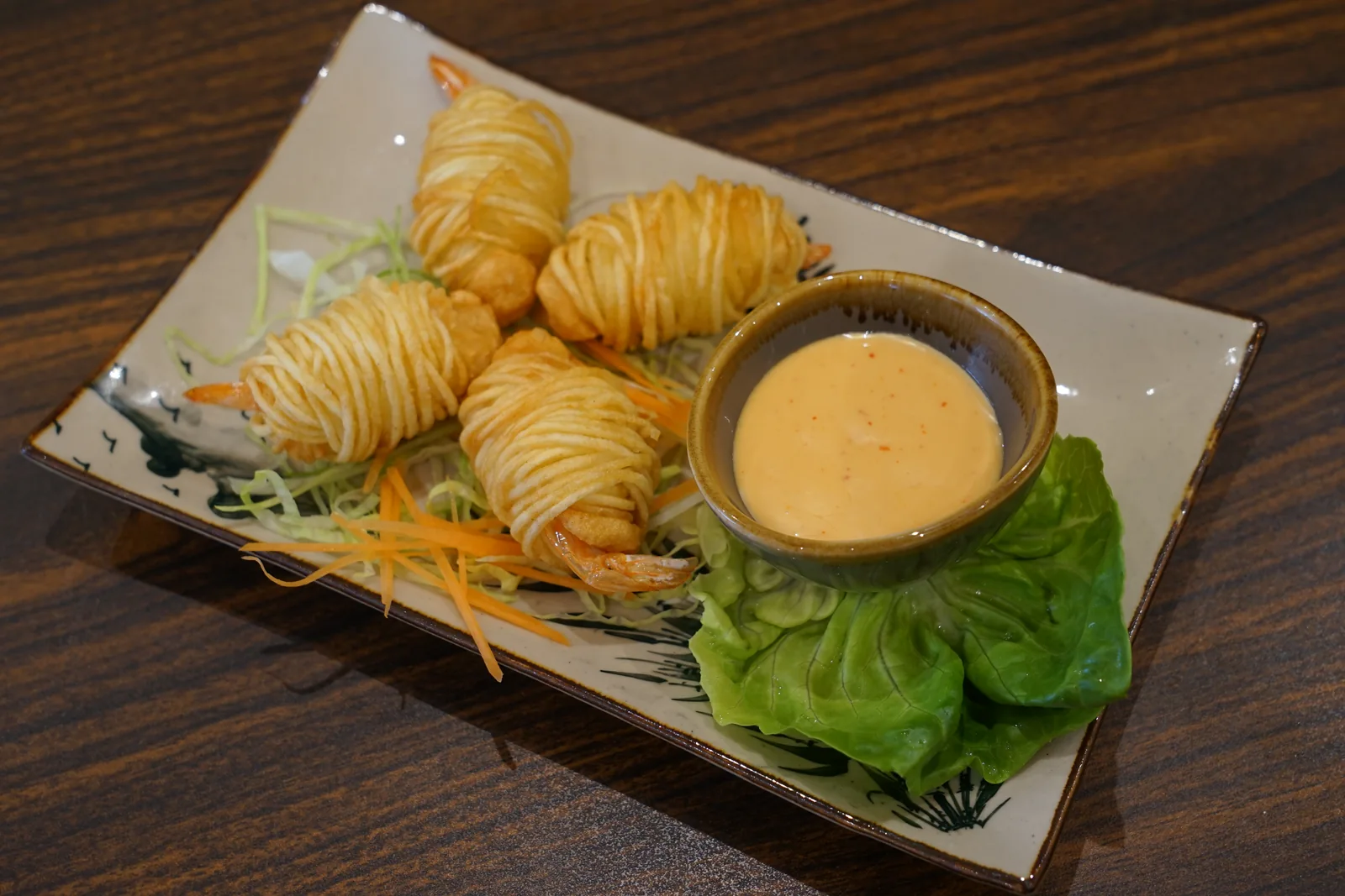 Crispy shrimp wrapped in potato twine
